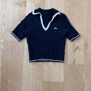Nama Polo Shirt Crochet Short Sleeve Size XS Navy Blue White